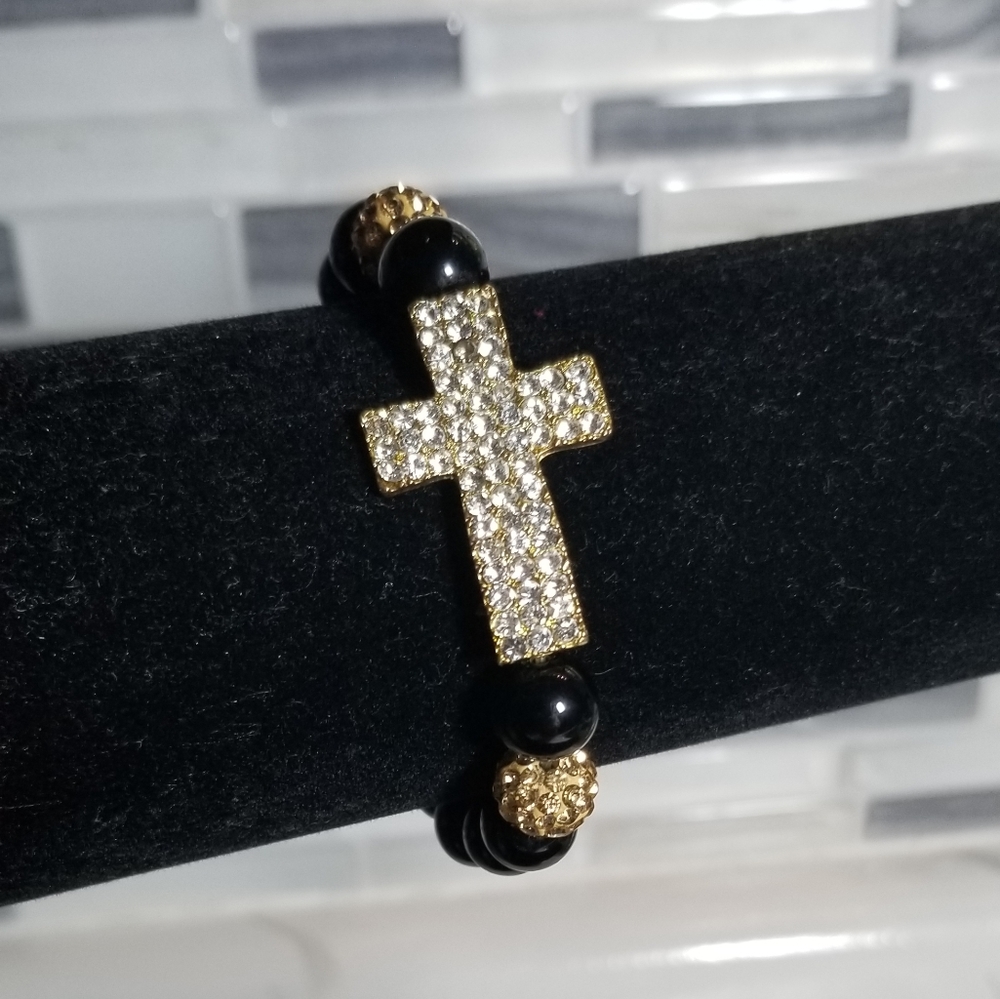 Crystal cross and bead bracelet